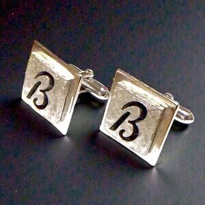 Vintage Swank Cufflinks Mens Silver Tone Monogrammed B Polished and Crosshatched